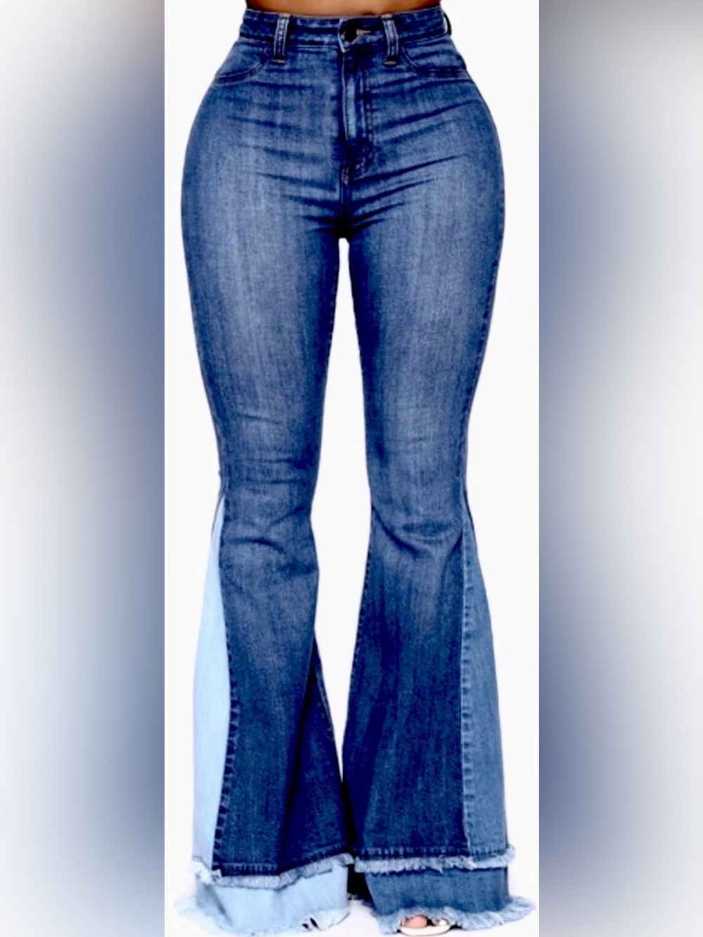 Celebrity Ace Y2K High Rise Flare leg Two Tone Blue Denim Jeans Raw Hem SZ.7/28